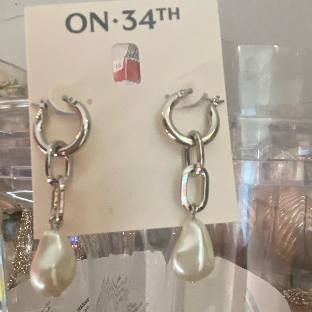 On•34th Silver and Pearl Drop Earrings
